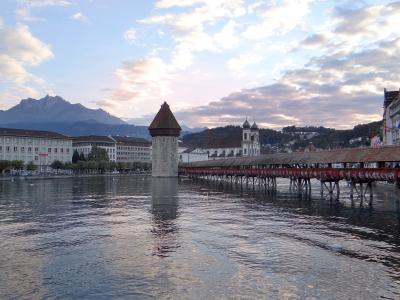 Lucerne's Chapel Bridge and old town on the Reuss, with Mount Pilatus behind