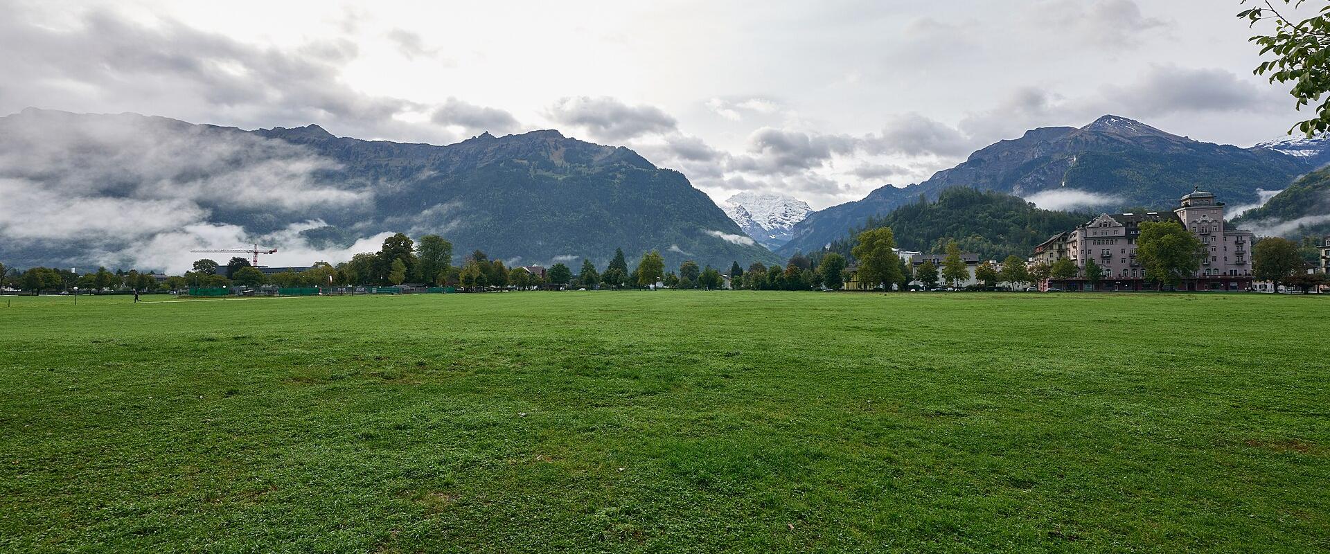The open Höhematte meadow in central Interlaken with mountains behind