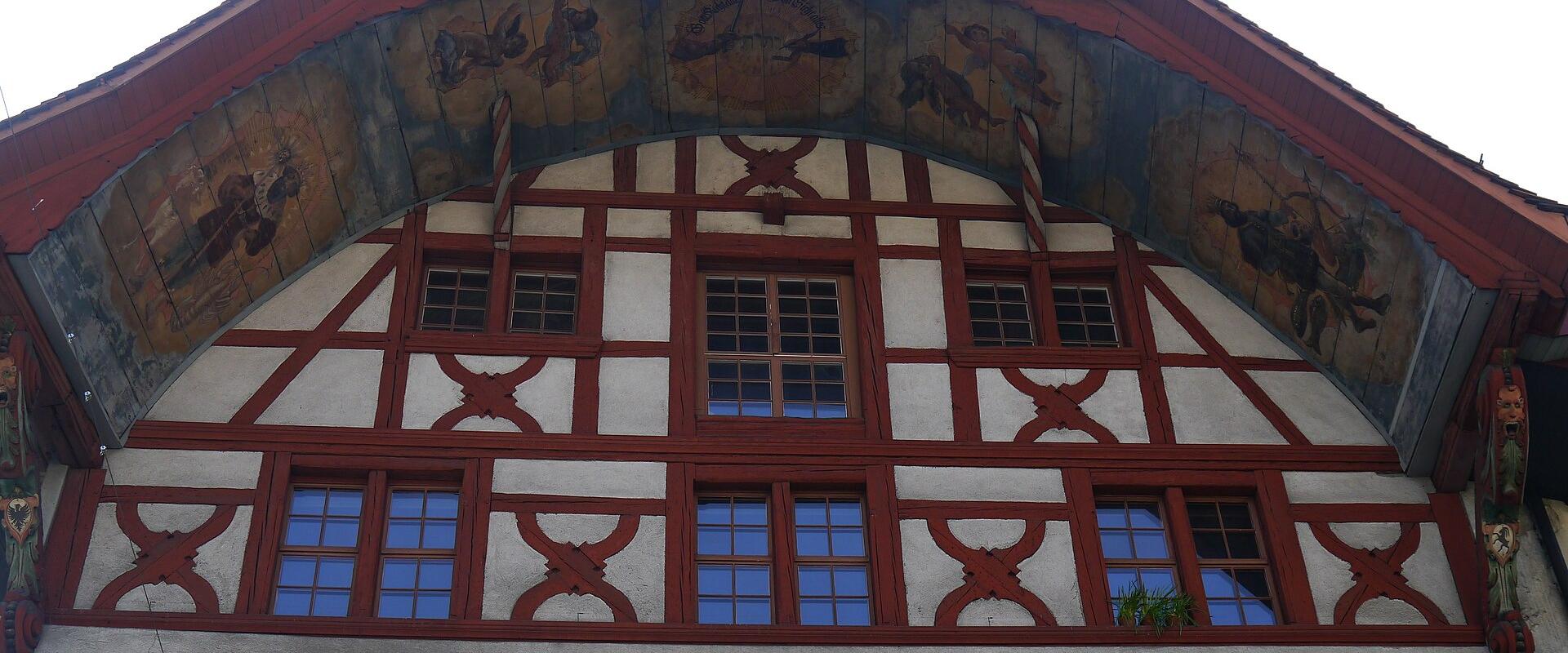 A painted gable and timber-framed facade in the old town of Aarau