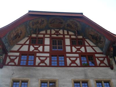 A painted gable and timber-framed facade in the old town of Aarau