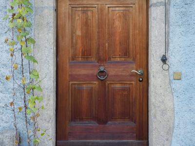 A close-up photograph of a wooden double door set within a stone frame, featuring the number 27 above the lintel, a metal ring knocker, and a climbing vine in a pot to the left.