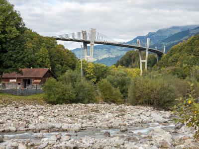 A modern cable-stayed bridge with tall concrete pylons spanning a rocky river valley, with a wooden building and forested hills in the foreground and background.