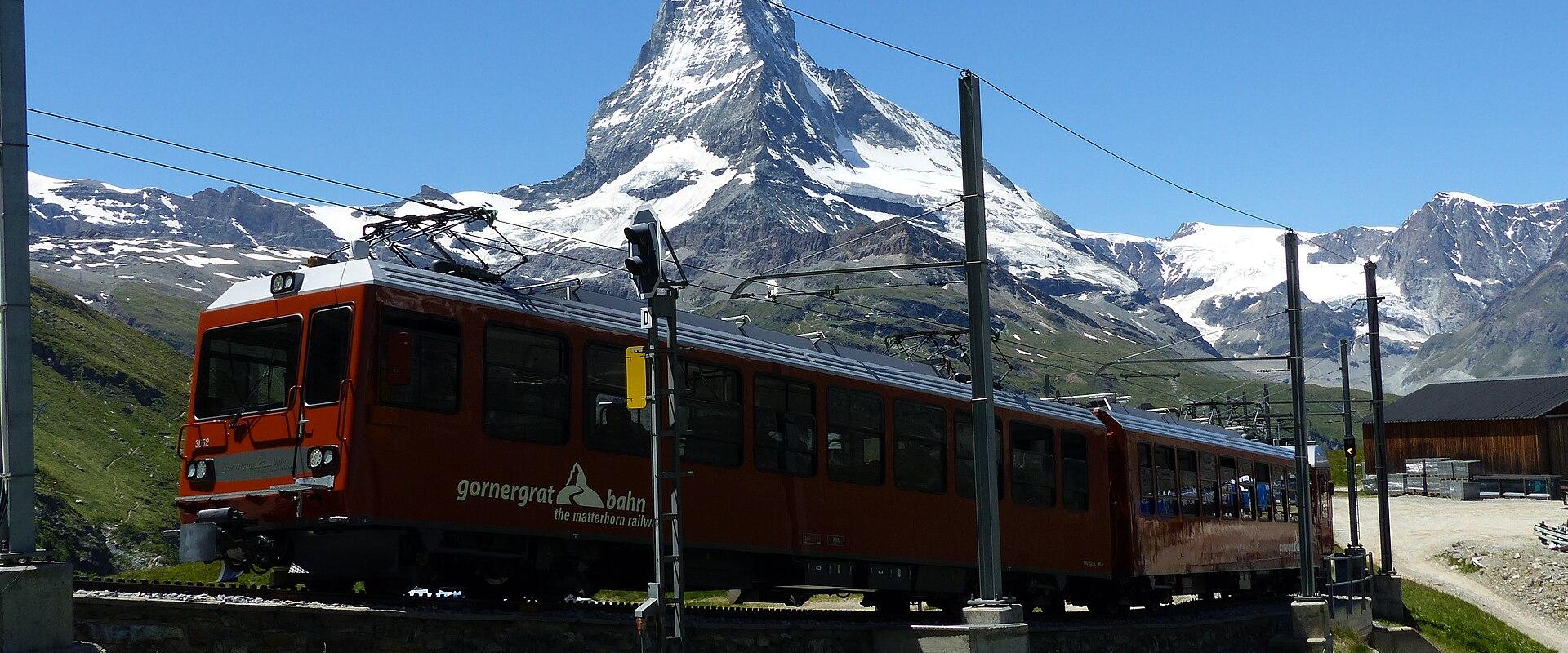 A Gornergrat railway train below the Matterhorn