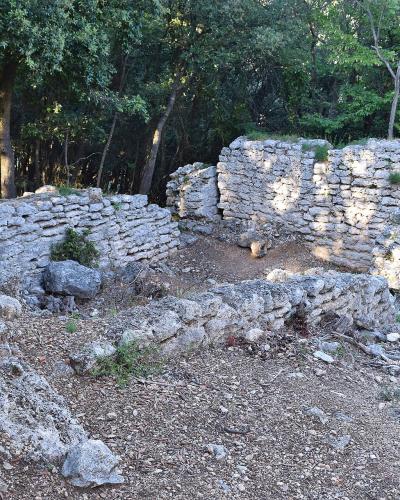 The image shows the stone ruins of a small, rectangular structure with low walls, situated in a wooded area with trees and undergrowth surrounding the site.