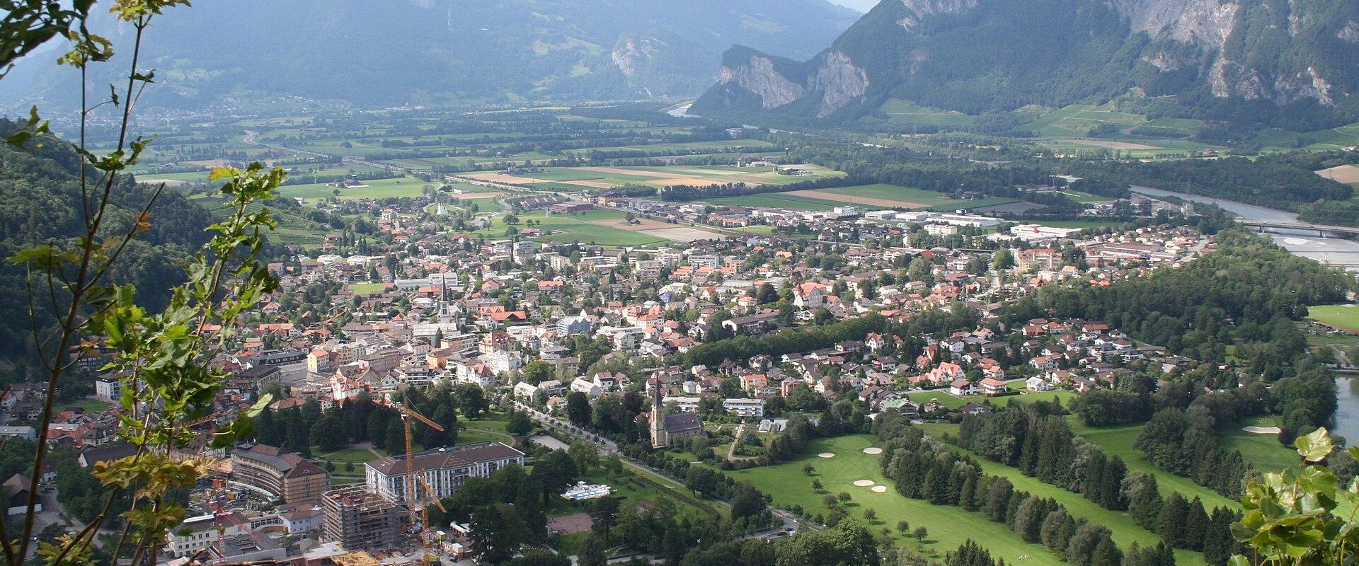 Panoramic view over Bad Ragaz and the Rhine valley with the Falknis mountains behind