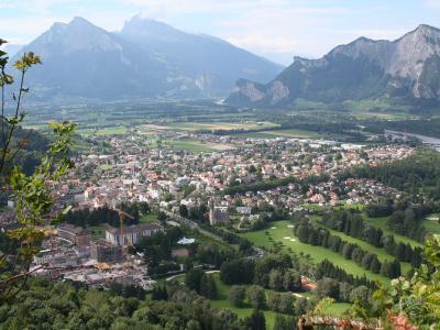 Panoramic view over Bad Ragaz and the Rhine valley with the Falknis mountains behind