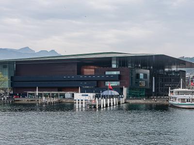 The KKL Luzern culture and convention centre on the lakefront, with its overhanging roof