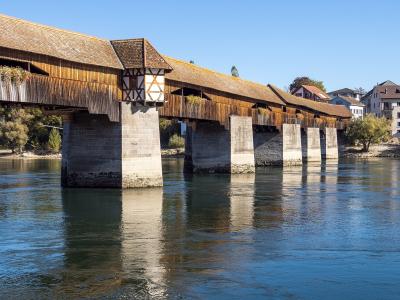 A long, covered wooden bridge with a tiled roof and stone piers spanning a wide river, with buildings visible on the far bank.