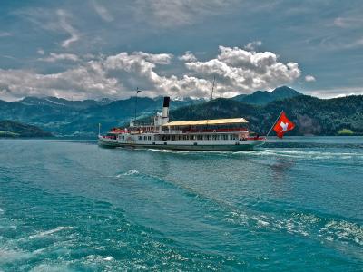 A paddle steamer excursion boat with a Swiss flag sails on a large lake with forested hills and snow-capped mountains in the background.