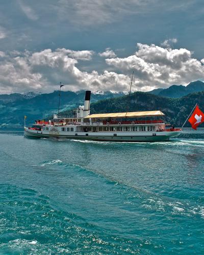 A paddle steamer excursion boat with a Swiss flag sails on a large lake with forested hills and snow-capped mountains in the background.