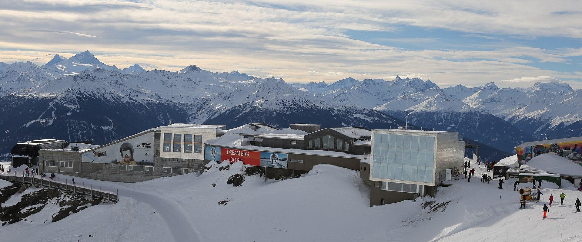A high-altitude ski resort complex featuring modern buildings, a snow park area with ramps, and skiers on slopes, set against a backdrop of the Pennine Alps.