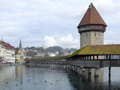 Chapel Bridge and the octagonal Water Tower on the Reuss in Lucerne