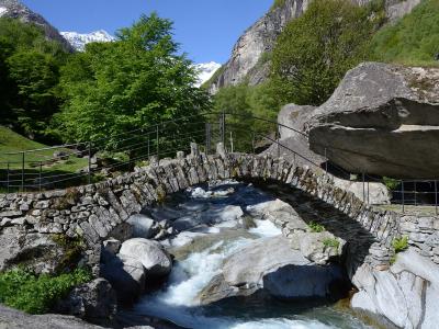A traditional stone arch bridge with modern metal railings spanning a rocky stream in a green alpine valley with snow-capped mountains in the background.