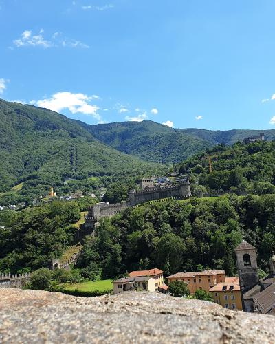A view from a stone wall looking out over a town with terracotta roofs, green hills, and a long fortified wall with towers running along the ridge.