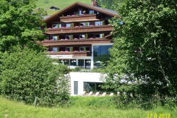 A multi-story alpine hotel with traditional wooden balconies adorned with pink flowers, a modern glass facade section, and lounge chairs on a lower terrace, set against a green hillside with other chalets in the background.