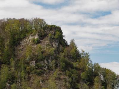 A rocky, forested hillside with a small flag on the summit, set against a cloudy sky.