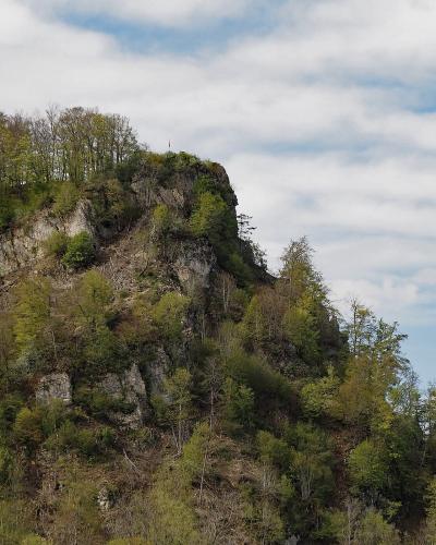 A rocky, forested hillside with a small flag on the summit, set against a cloudy sky.