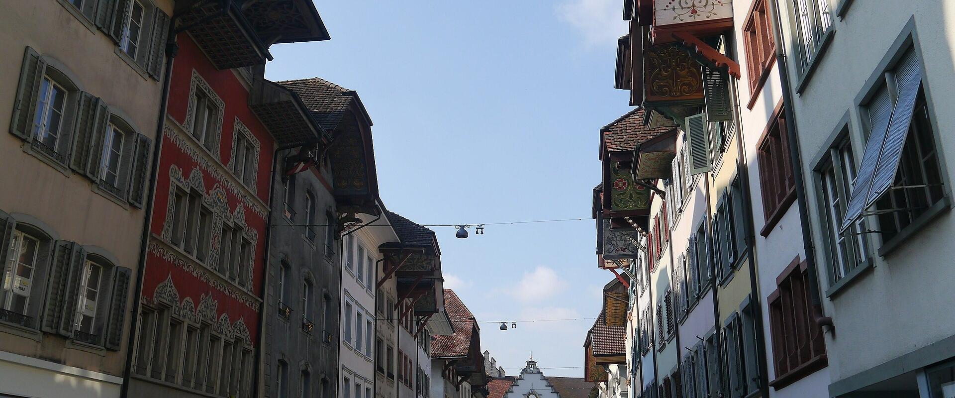 A street of painted-gable houses in Aarau's old town
