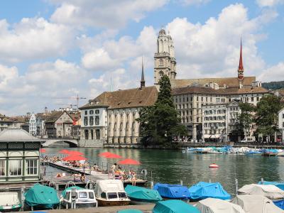 The Grossmünster towers and old town along the Limmat River in Zurich