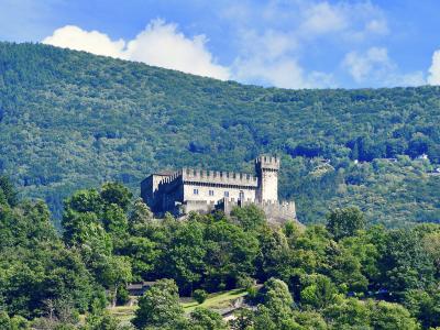 A stone castle with crenellated walls and a square keep sits atop a densely forested hillside under a blue sky with scattered clouds.