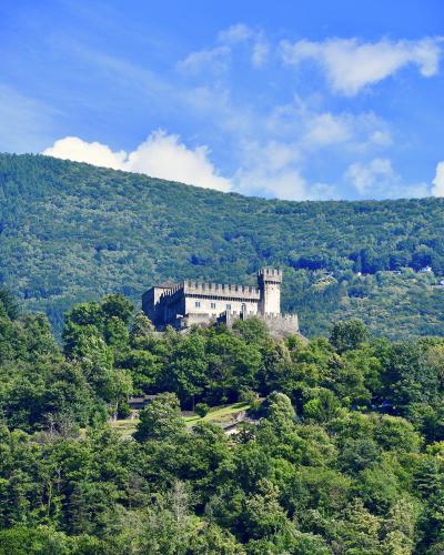 A stone castle with crenellated walls and a square keep sits atop a densely forested hillside under a blue sky with scattered clouds.