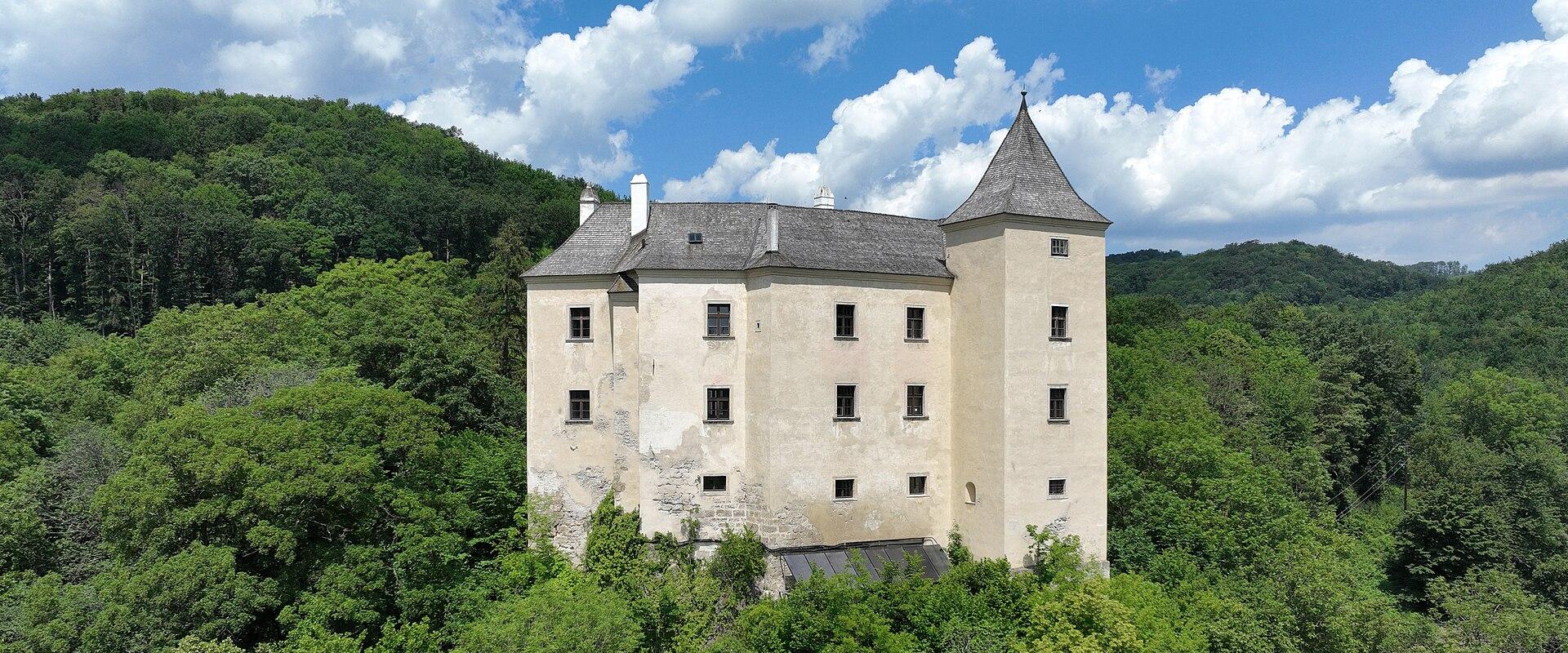 A beige, multi-story castle with a prominent conical-roofed tower stands amidst dense green forest under a blue sky with white clouds.