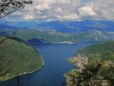 A high-angle scenic view overlooking Lake Lugano, showing the lake's shoreline, surrounding green hills, distant mountains, and a town along the coast, framed by tree branches in the foreground.