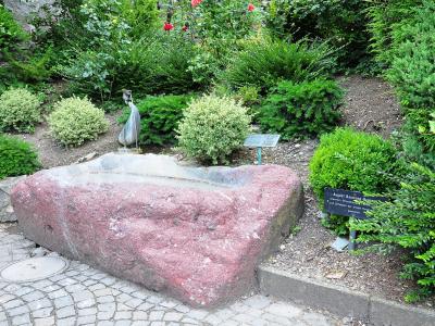 A garden scene featuring a large, rough-hewn pinkish-red stone basin with a small metal sculpture of a bird or figure emerging from it, surrounded by green shrubs and rose bushes, with a black informational sign in the foreground.