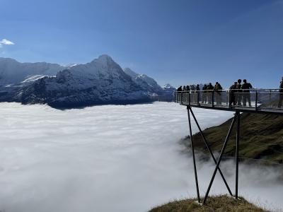 The First Cliff Walk viewing platform above the clouds, with the Eiger behind