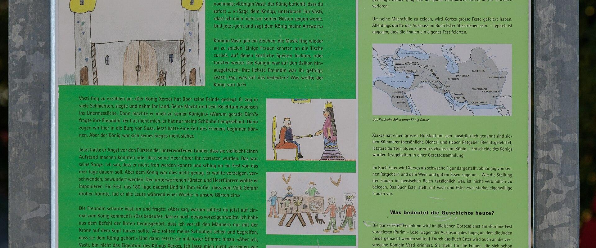 A green and white informational sign for the "Bibel-Veloweg" (Bicycle Bible Path) in the Canton of St. Gallen, featuring illustrations and text about biblical stories, with a map and logo at the bottom.