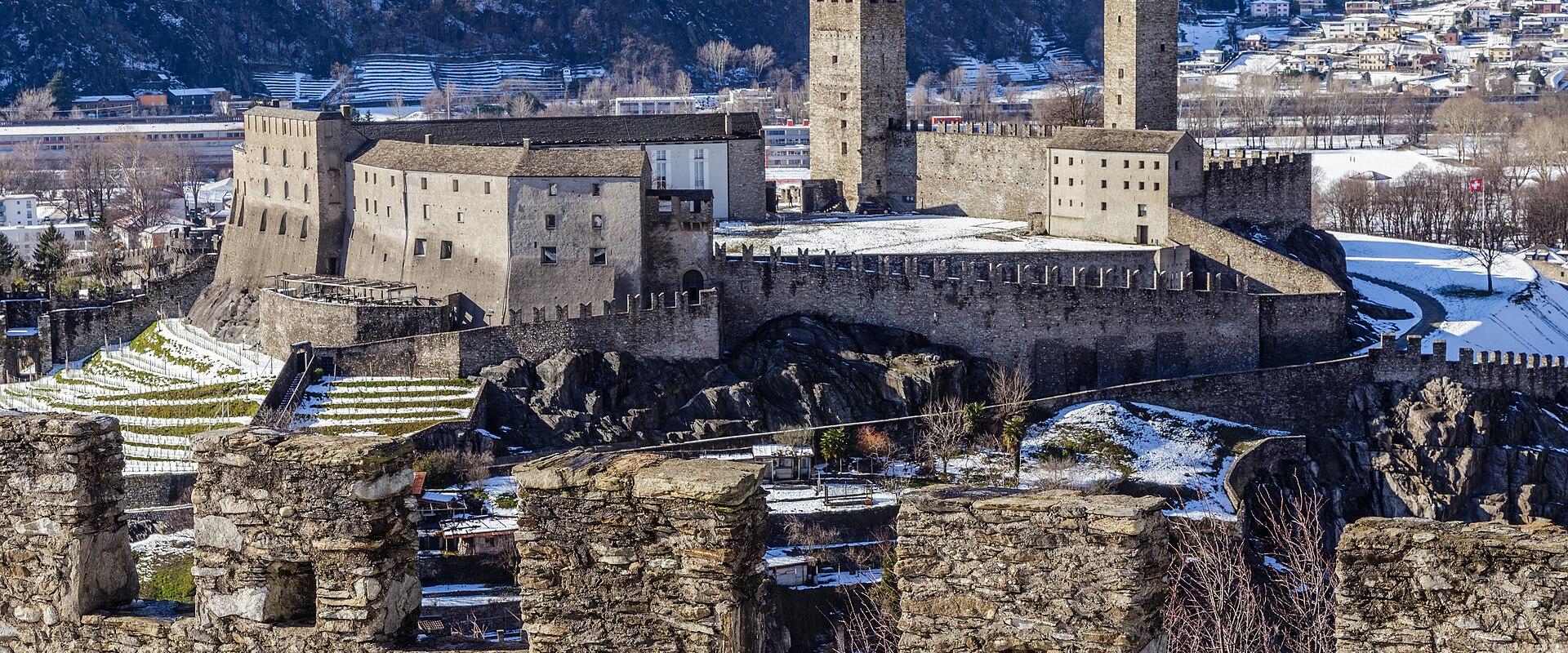 The castles of Bellinzona above the old town, Ticino