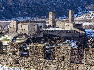 The castles of Bellinzona above the old town, Ticino