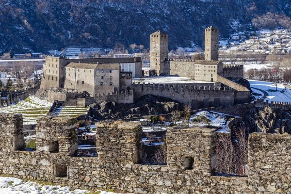 The castles of Bellinzona above the old town, Ticino