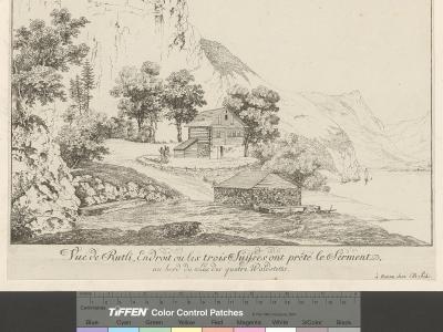 A black and white etching or engraving depicting a lakeside landscape with a house, trees, and figures, featuring a French caption at the bottom and a color control patch bar at the very bottom.