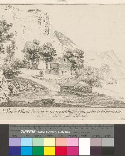 A black and white etching or engraving depicting a lakeside landscape with a house, trees, and figures, featuring a French caption at the bottom and a color control patch bar at the very bottom.