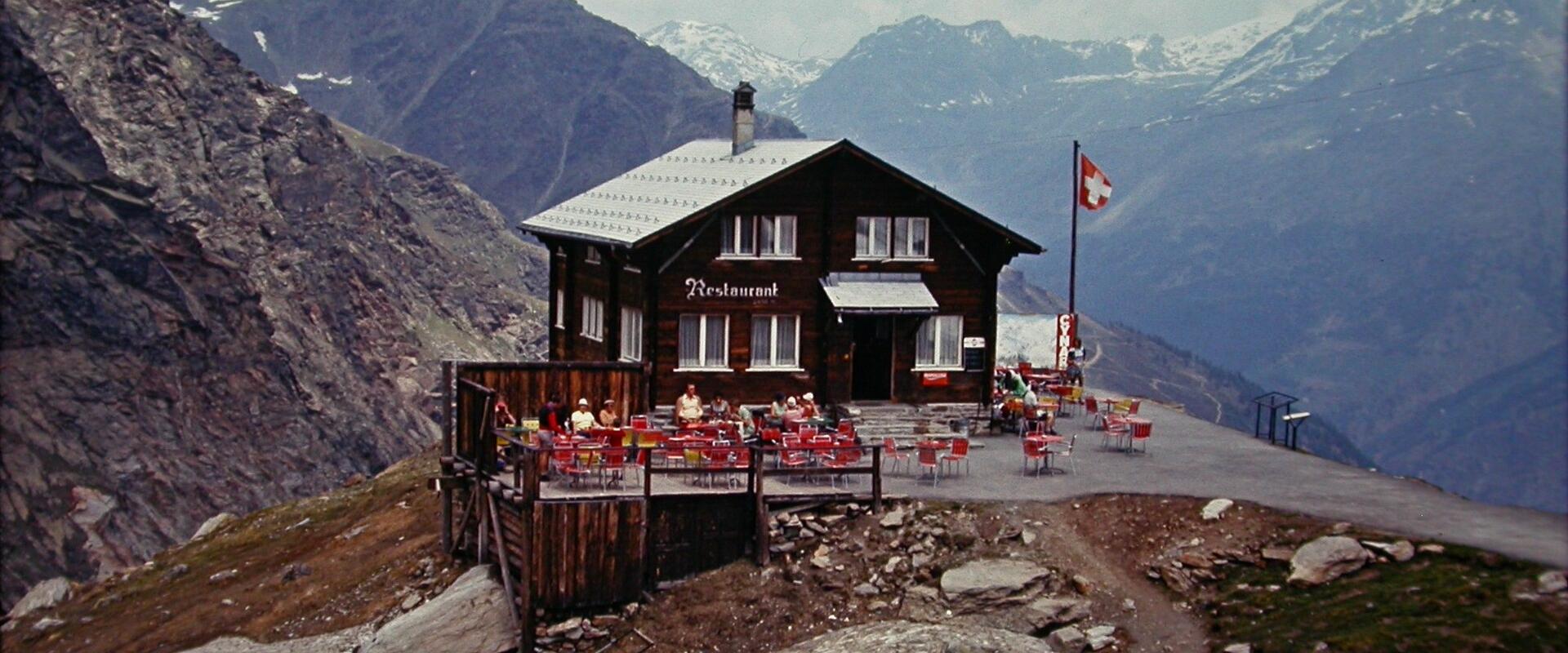 The Spielboden mountain restaurant facing the glaciers above Saas-Fee