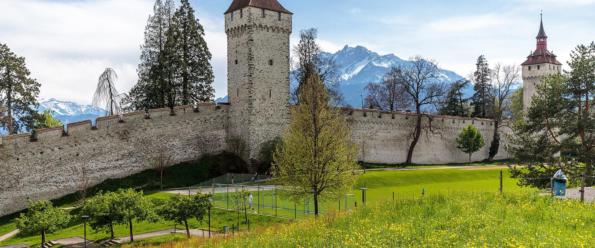 Towers and battlements of the medieval Musegg Wall above Lucerne