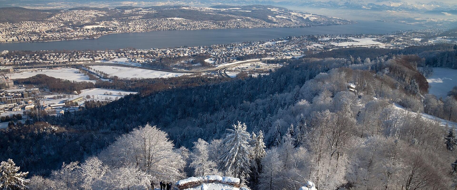 The view from Uto Kulm over the snowy Uetliberg woods and Lake Zurich