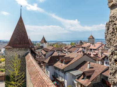 A view from a stone wall overlooking the red-tiled roofs and defensive towers of a historic European town, with a large lake visible in the background.