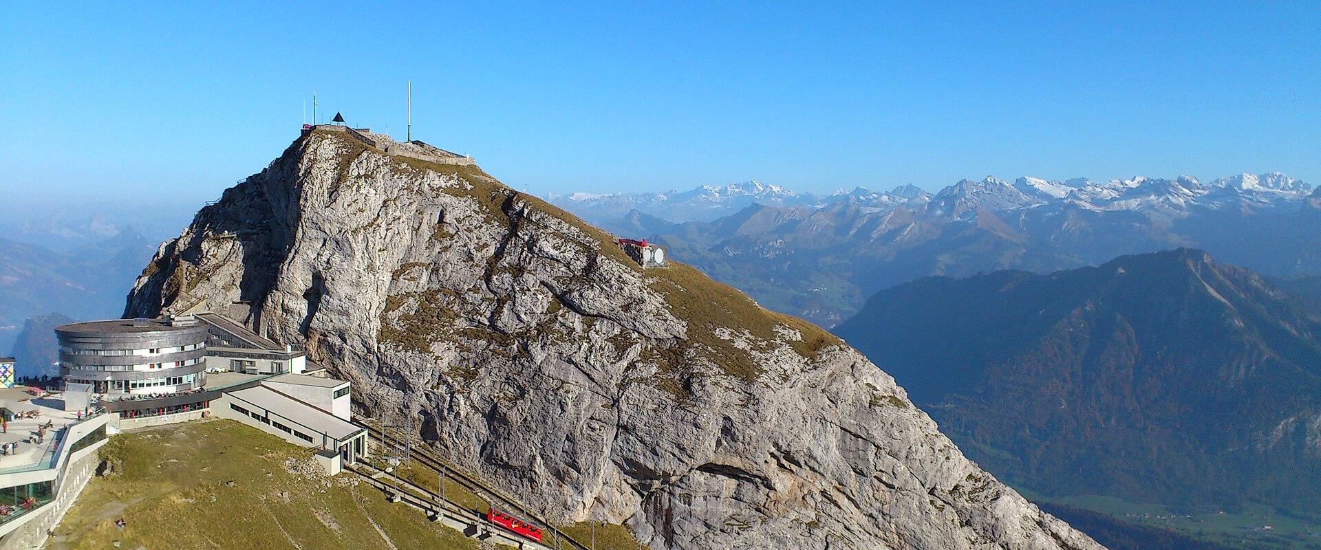 Pilatus Kulm summit station on the rocky ridge of Mount Pilatus