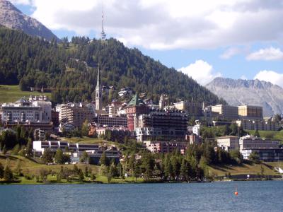 St. Moritz town rising above its lake