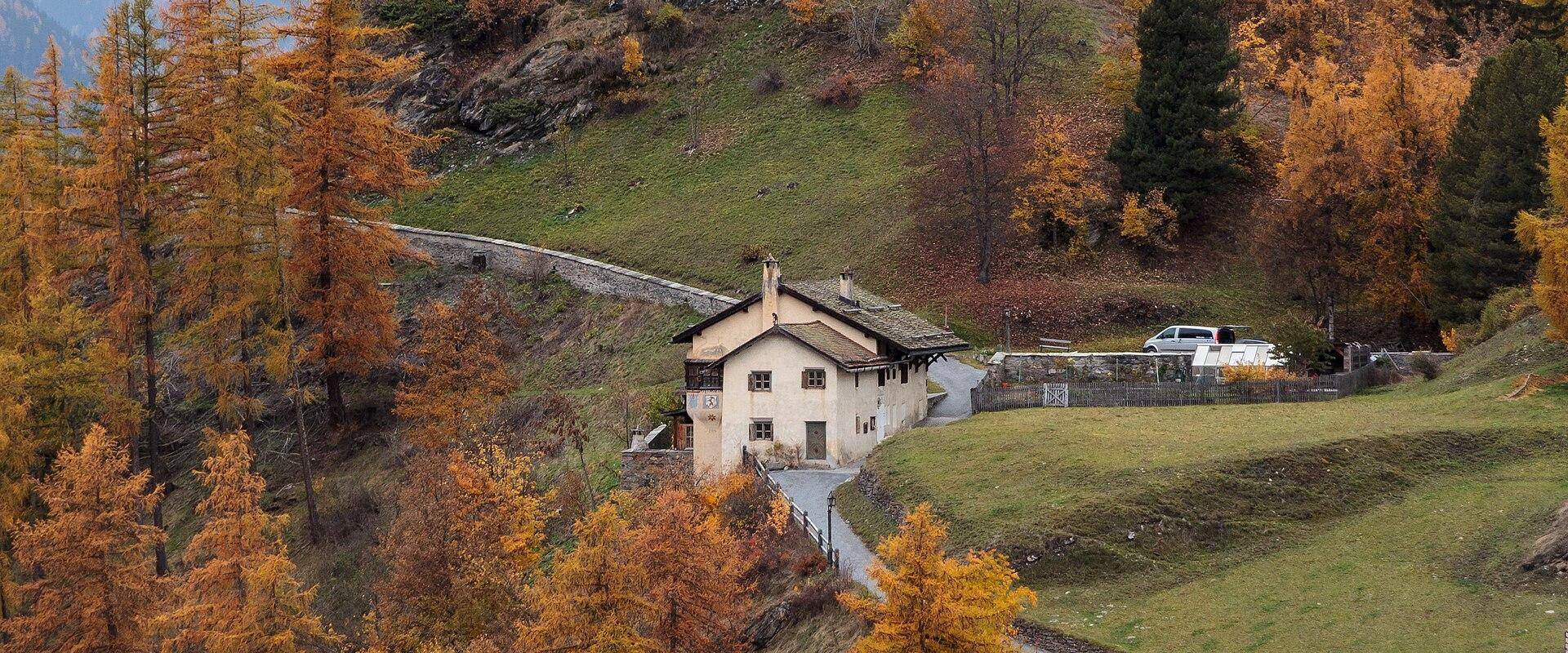 A large, historic stone castle perched atop a steep, rocky hill, surrounded by autumn-colored larch trees and green slopes, with snow-capped mountains in the background.