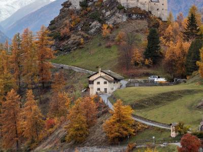 A large, historic stone castle perched atop a steep, rocky hill, surrounded by autumn-colored larch trees and green slopes, with snow-capped mountains in the background.