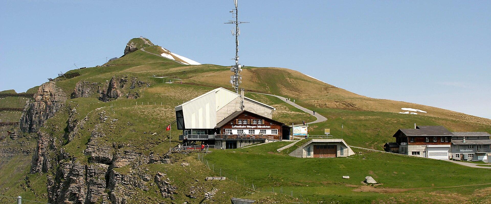 Männlichen top station on the grassy ridge above Grindelwald