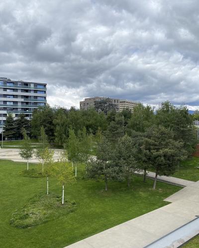 A modern urban park with green lawns, paved walkways, young trees, a tall metal mast, and multi-story residential buildings in the background under a cloudy sky.